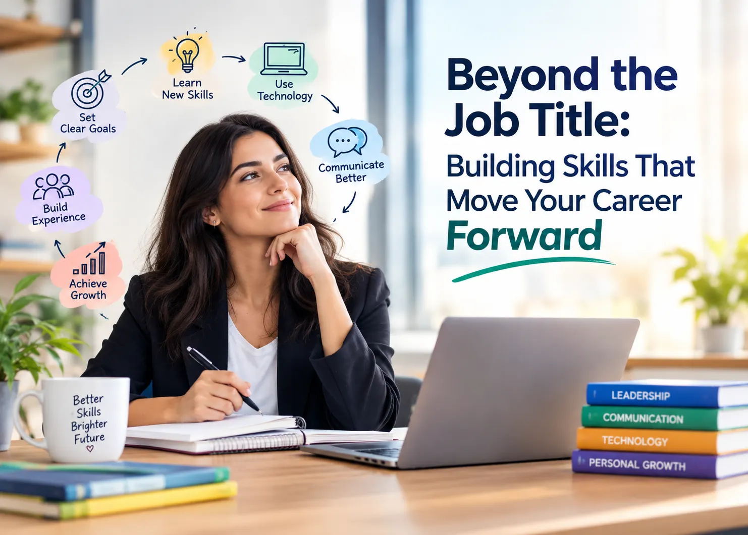 A professional woman planning her career growth at a desk with a laptop, notebook, and books, surrounded by illustrations representing goal setting, skill development, technology adoption, communication, practical experience, and professional advancement.